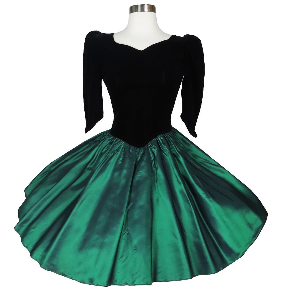 Vintage 80s Black Velvet Green Taffeta Full Skirt Open Back Prom Party Dress XS